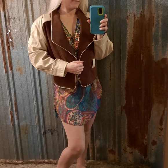 VINTAGE 80's Shimmery Two Toned Leather Jacket NWT - Picture 6 of 16